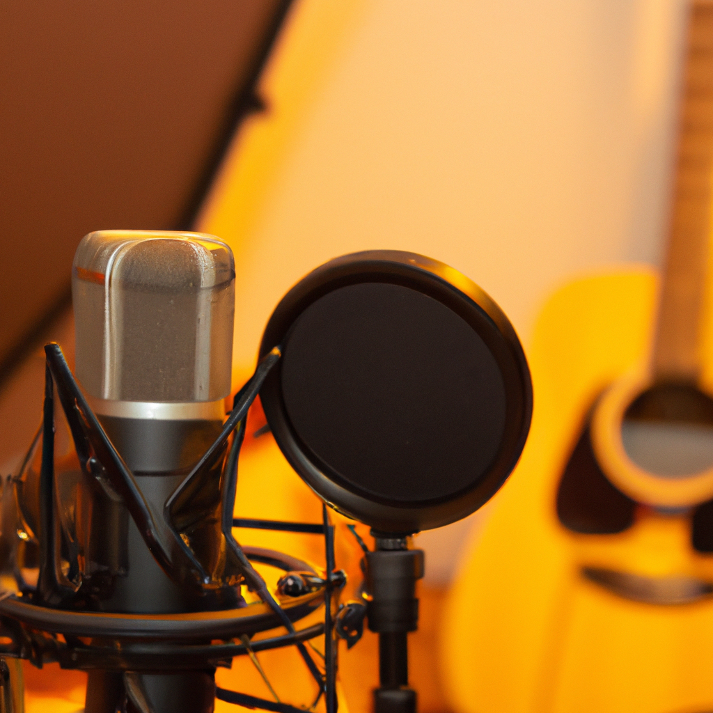 Student recording acoustic guitar at a home studio with a microphone and pop filter.